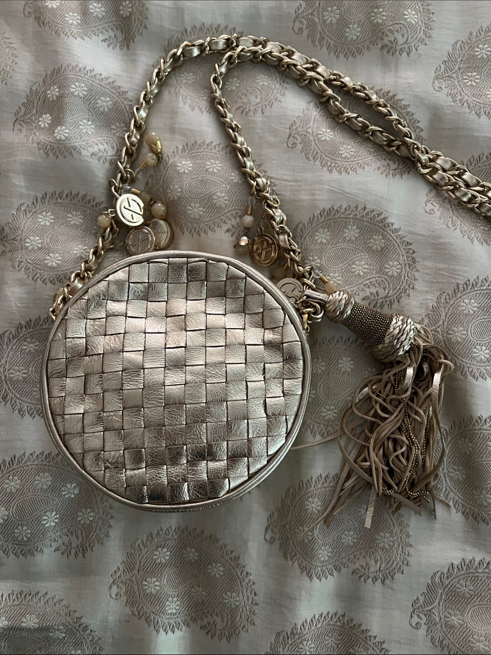 Francesco Biasia Gold Woven Round Crossbody with Chain Tassel - Picture 2 of 5